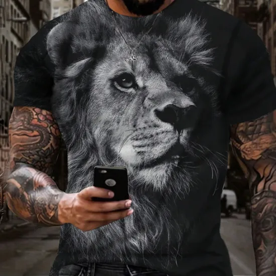 OUKU Men's Graphic Animal Lion T Shirt Short Sleeve T shirt 3D Print Crew Neck Shirt Vintage Fashion Designer Outdoor Daily Sports Dark Brown Black Yellow Spring & Summer Clothing Apparel S M L XL 2XL 3XL