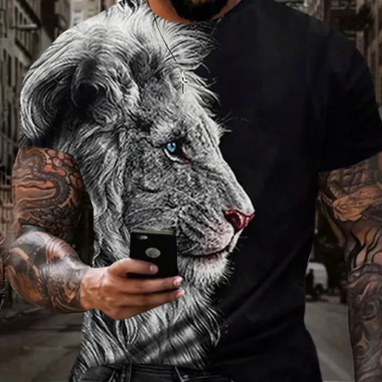 OUKU Men's Graphic Animal Lion T Shirt Short Sleeve T shirt 3D Print Crew Neck Shirt Vintage Fashion Designer Outdoor Daily Sports Dark Brown Black Yellow Spring & Summer Clothing Apparel S M L XL 2XL 3XL