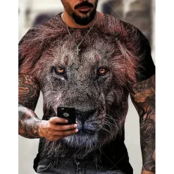 OUKU Men's Graphic Animal Lion T Shirt Short Sleeve T shirt 3D Print Crew Neck Shirt Vintage Fashion Designer Outdoor Daily Sports Dark Brown Black Yellow Spring & Summer Clothing Apparel S M L XL 2XL 3XL
