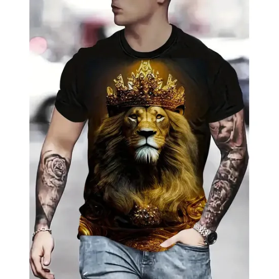 OUKU Men's Graphic Animal Lion T Shirt Short Sleeve T shirt 3D Print Crew Neck Shirt Vintage Fashion Designer Outdoor Daily Sports Dark Brown Black Yellow Spring & Summer Clothing Apparel S M L XL 2XL 3XL