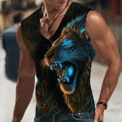 Sale OUKU Men's Graphic Animal Lion Vest Top Sleeveless T Shirt for Men Sleeveless T shirt 3D Print V Neck Shirt Designer Casual Muscle Sports Running Gym Blue Orange Green Spring & Summer Clothing Apparel S M