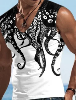 Hot OUKU Men's Graphic Animal Octopus Tank Top Vest Top Sleeveless T Shirt for Men Sleeveless T shirt 3D Print V Neck Shirt Designer Casual Muscle Sports Running Gym Black Yellow Blue Spring & Summer Clothing