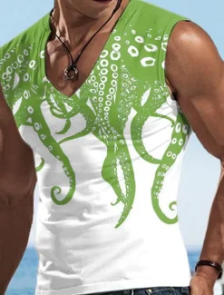 Hot OUKU Men's Graphic Animal Octopus Tank Top Vest Top Sleeveless T Shirt for Men Sleeveless T shirt 3D Print V Neck Shirt Designer Casual Muscle Sports Running Gym Black Yellow Blue Spring & Summer Clothing
