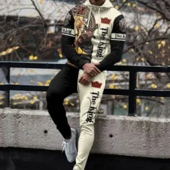 OUKU Men's Graphic Animal 2pcs 3D Sweatshirt Sets Tracksuit Hoodies Long Sleeve Long pants Hooded Streetwear Designer Basic Sports & Outdoor Casual Sports Zipper Spring Fall White Yellow Blue
