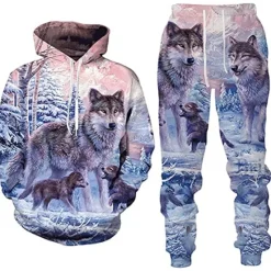 Online OUKU Men's Graphic Animal Wolf 2pcs 3D Sweatshirt Sets Tracksuit Hoodies Long Sleeve Long pants Hooded Streetwear Designer Basic Sports & Outdoor Casual Sports Print Spring Fall Blue