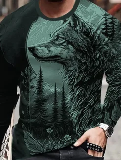 Hot OUKU Men's Graphic Animal Wolf T Shirt Long Sleeve T shirt 3D Print Crew Neck Shirt Fashion Designer Casual Sports Outdoor Holiday Going out Blue Purple Brown Spring & Fall Clothing Apparel S M L XL 2XL