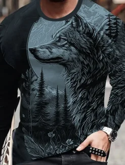 Hot OUKU Men's Graphic Animal Wolf T Shirt Long Sleeve T shirt 3D Print Crew Neck Shirt Fashion Designer Casual Sports Outdoor Holiday Going out Blue Purple Brown Spring & Fall Clothing Apparel S M L XL 2XL