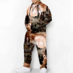 Clearance OUKU Men's Graphic Animal Wolf 2pcs 3D Sweatshirt Sets Hoodie Tracksuit Long Sleeve Long pants Hooded Fashion Designer Casual Daily Sports Going out 3D Print Spring & Fall Pink Blue Orange