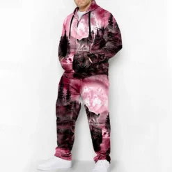 Clearance OUKU Men's Graphic Animal Wolf 2pcs 3D Sweatshirt Sets Hoodie Tracksuit Long Sleeve Long pants Hooded Fashion Designer Casual Daily Sports Going out 3D Print Spring & Fall Pink Blue Orange