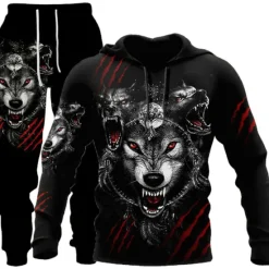 New OUKU Men's Graphic Animal Wolf 2pcs 3D Sweatshirt Sets Tracksuit Hoodies Long Sleeve Long pants Hooded Streetwear Designer Basic Sports & Outdoor Casual Sports Print Spring Fall Black