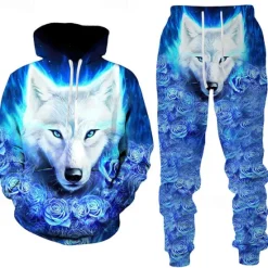 Clearance OUKU Men's Graphic Animal Wolf 2pcs 3D Sweatshirt Sets Tracksuit Hoodies Long Sleeve Long pants Hooded Streetwear Designer Basic Sports & Outdoor Casual Sports Print Spring Fall Black White Blue