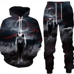 Clearance OUKU Men's Graphic Animal Wolf 2pcs 3D Sweatshirt Sets Tracksuit Hoodies Long Sleeve Long pants Hooded Streetwear Designer Basic Sports & Outdoor Casual Sports Print Spring Fall Black White Blue