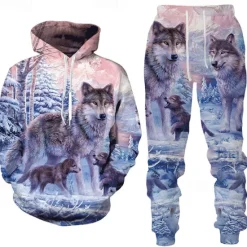 Clearance OUKU Men's Graphic Animal Wolf 2pcs 3D Sweatshirt Sets Tracksuit Hoodies Long Sleeve Long pants Hooded Streetwear Designer Basic Sports & Outdoor Casual Sports Print Spring Fall Black White Blue
