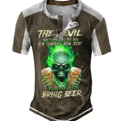 Sale OUKU Men's Graphic Beer Skulls Henley Shirt Tee Short Sleeve 3D Print Fashion Designer Comfortable Outdoor Casual Daily Summer Black Navy Blue Purple Brown Green Henley Henley T-Shirt