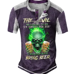 Sale OUKU Men's Graphic Beer Skulls Henley Shirt Tee Short Sleeve 3D Print Fashion Designer Comfortable Outdoor Casual Daily Summer Black Navy Blue Purple Brown Green Henley Henley T-Shirt
