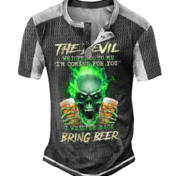 Sale OUKU Men's Graphic Beer Skulls Henley Shirt Tee Short Sleeve 3D Print Fashion Designer Comfortable Outdoor Casual Daily Summer Black Navy Blue Purple Brown Green Henley Henley T-Shirt