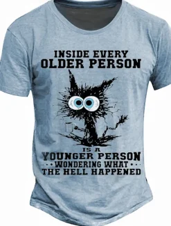 Hot OUKU Men's Graphic Cat Slogan T Shirt Short Sleeve T shirt 3D Print Crew Neck Shirt Retro Vintage Casual Street Style Street Sports Outdoor Casual Light Blue Khaki Spring & Summer Clothing Apparel S M L