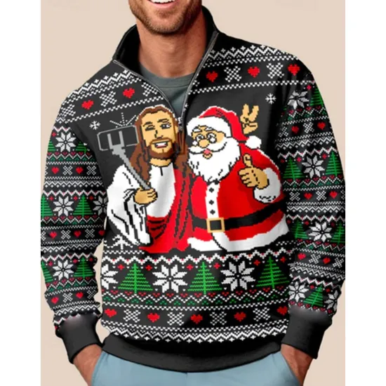 New OUKU Men's Graphic Christmas Pattern Sweatshirts Sweatshirt Zip Sweatshirt Long Sleeve Sweatshirt Quarter Zip Sports Fashion Casual 3D Print Vacation Sports Outdoor Holiday Print Spring & Fall
