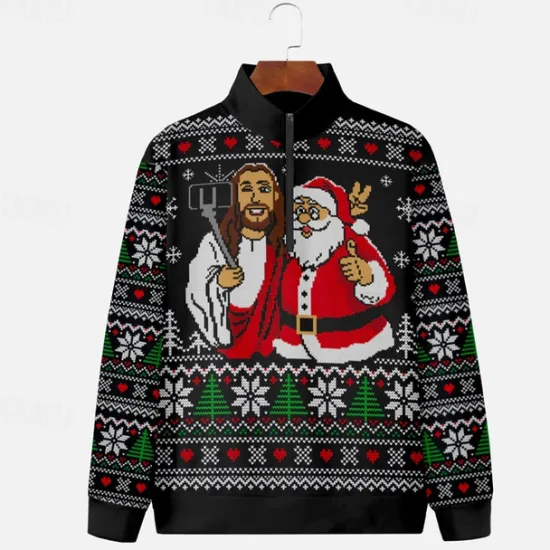 New OUKU Men's Graphic Christmas Pattern Sweatshirts Sweatshirt Zip Sweatshirt Long Sleeve Sweatshirt Quarter Zip Sports Fashion Casual 3D Print Vacation Sports Outdoor Holiday Print Spring & Fall