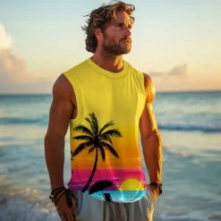 New OUKU Men's Graphic Coconut Palm Vest Top Sleeveless T Shirt for Men Sleeveless T shirt 3D Print Crew Neck Shirt Vacation Tropical Designer Party Daily Gym Spring & Summer Clothing Apparel S M L XL Yellow