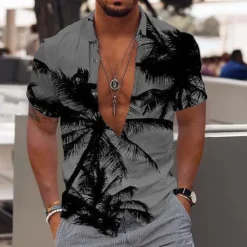 Online OUKU Men's Graphic Coconut Tree Hawaiian Shirt Summer Shirt Summer Hawaiian Shirt Short Sleeve Shirt Turndown Fashion Designer Casual Outdoor Street Casual Light Yellow Black-White Yellow Print S M L