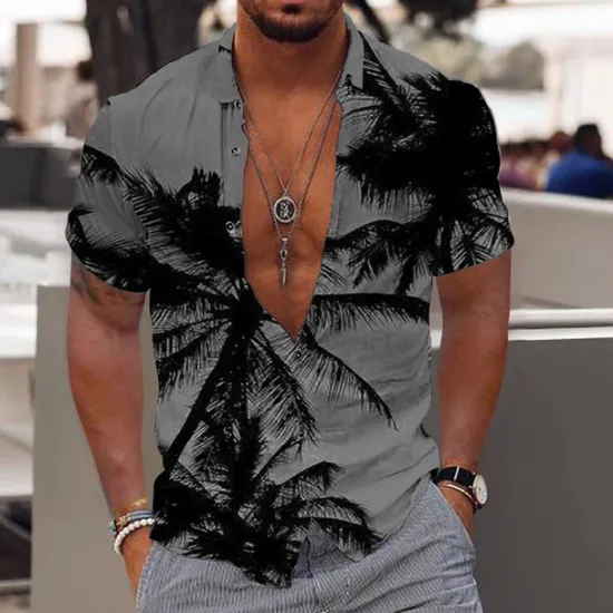 Online OUKU Men's Graphic Coconut Tree Hawaiian Shirt Summer Shirt Summer Hawaiian Shirt Short Sleeve Shirt Turndown Fashion Designer Casual Outdoor Street Casual Light Yellow Black-White Yellow Print S M L