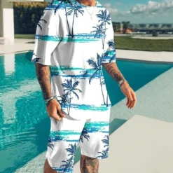 Discount OUKU Men's Graphic Coconut Tree 2pcs Tees sets Matching Sets Short Sleeve Short Pants Crew Neck Designer Casual Comfortable Outdoor Vacation Daily 3D Print Spring & Summer Yellow Blue Purple