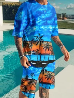 Best OUKU Men's Graphic Coconut Tree Beach 2pcs Tees sets Matching Sets Short Sleeve Short Pants Crew Neck Hawaiian Designer Casual Outdoor Vacation Daily 3D Print Spring & Summer White Blue Dark Green