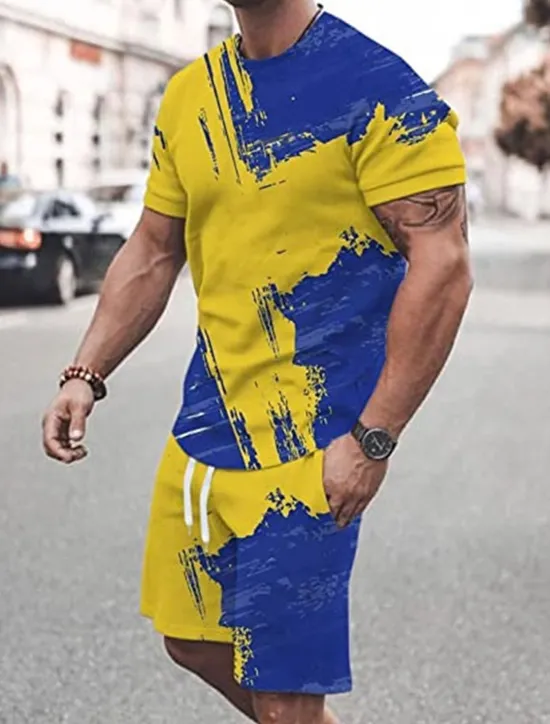 Best OUKU Men's Graphic Color Block 2pcs Tees sets Matching Sets Short Sleeve Short Pants Crew Neck Designer Casual Comfortable Outdoor Vacation Daily 3D Print Spring & Summer Black White Yellow