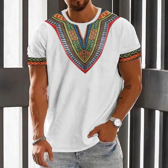 Online OUKU Men's Graphic Color Block Tribal T Shirt Short Sleeve T shirt 3D Print Crew Neck Shirt Fashion Designer Ethnic Outdoor Daily Sports Black White Khaki Spring & Summer Clothing Apparel S M L XL 2XL 3XL