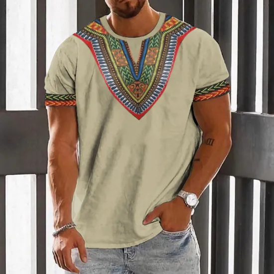 Online OUKU Men's Graphic Color Block Tribal T Shirt Short Sleeve T shirt 3D Print Crew Neck Shirt Fashion Designer Ethnic Outdoor Daily Sports Black White Khaki Spring & Summer Clothing Apparel S M L XL 2XL 3XL