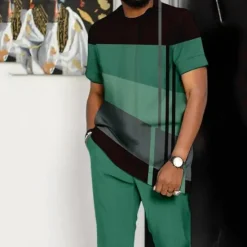 OUKU Men's Graphic Color Block 2pcs Tees sets Tee Top Short Sleeve Long pants Crew Neck Designer Casual Comfortable Outdoor Vacation Daily 3D Print Spring & Summer Blue Dark Green Brown