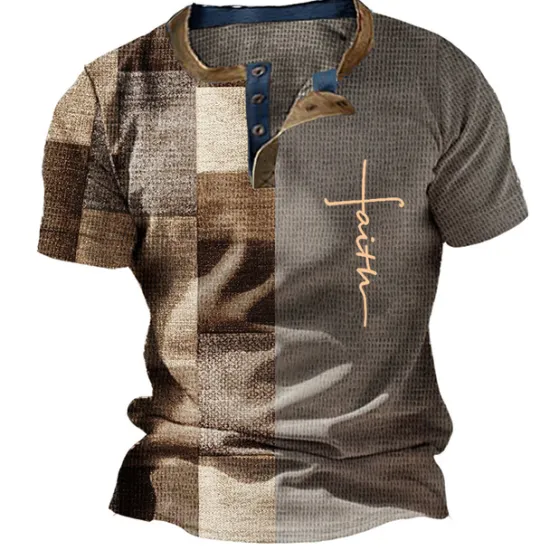 Sale OUKU Men's Graphic Color Block Waffle Henley Shirt Short Sleeve 3D Print Fashion Designer Basic Outdoor Daily Summer Light Brown White Blue Brown Henley Henley T-Shirt
