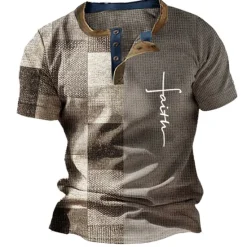Sale OUKU Men's Graphic Color Block Waffle Henley Shirt Short Sleeve 3D Print Fashion Designer Basic Outdoor Daily Summer Light Brown White Blue Brown Henley Henley T-Shirt