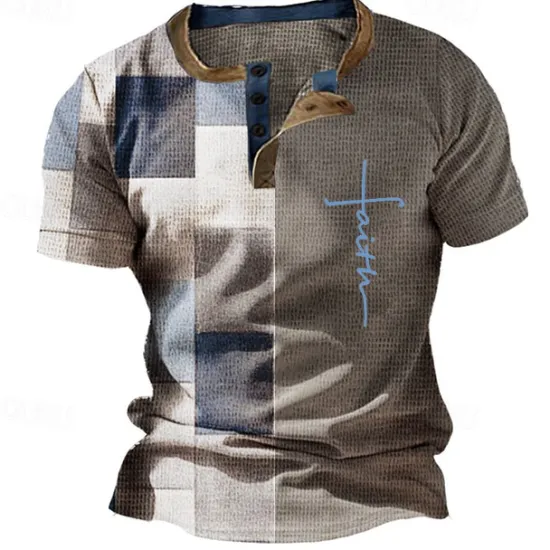 Sale OUKU Men's Graphic Color Block Waffle Henley Shirt Short Sleeve 3D Print Fashion Designer Basic Outdoor Daily Summer Light Brown White Blue Brown Henley Henley T-Shirt