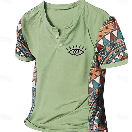 Discount OUKU Men's Graphic Color Block Tribal T Shirt Henley Shirt Short Sleeve 3D Printing Designer Ethnic Classic Outdoor Vacation Daily Spring & Summer Dark Brown Blue Sky Blue Brown Green V Neck Henley T-Shirt