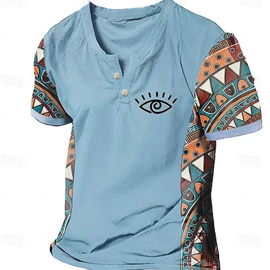 Discount OUKU Men's Graphic Color Block Tribal T Shirt Henley Shirt Short Sleeve 3D Printing Designer Ethnic Classic Outdoor Vacation Daily Spring & Summer Dark Brown Blue Sky Blue Brown Green V Neck Henley T-Shirt