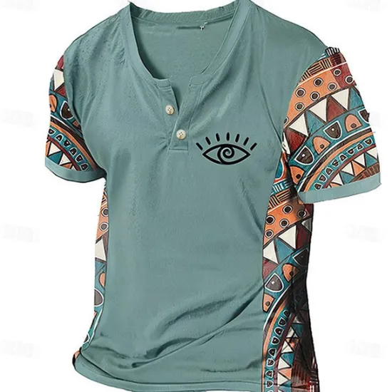 Discount OUKU Men's Graphic Color Block Tribal T Shirt Henley Shirt Short Sleeve 3D Printing Designer Ethnic Classic Outdoor Vacation Daily Spring & Summer Dark Brown Blue Sky Blue Brown Green V Neck Henley T-Shirt