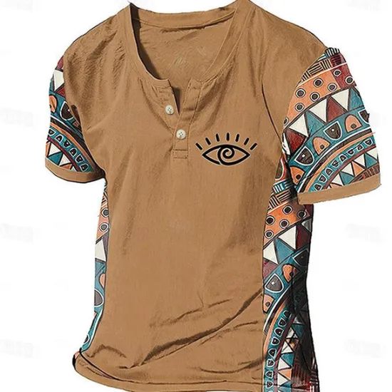 Discount OUKU Men's Graphic Color Block Tribal T Shirt Henley Shirt Short Sleeve 3D Printing Designer Ethnic Classic Outdoor Vacation Daily Spring & Summer Dark Brown Blue Sky Blue Brown Green V Neck Henley T-Shirt