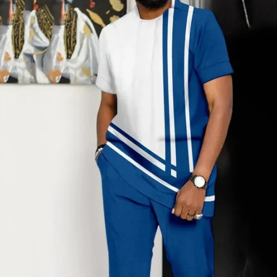 Online OUKU Men's Graphic Color Block 2pcs Tees sets Tee Set Short Sleeve Long pants Crew Neck Designer Casual Comfortable Outdoor Vacation Daily 3D Print Spring & Summer Blue Khaki Dark Blue