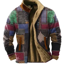 New OUKU Men's Graphic Color Block Sweatshirts Zip Sweatshirt Fleece Jacket Outerwear Long Sleeve Sweatshirt Stand Collar Daily Casual Vintage Retro Vacation Holiday Going out Fleece Winter Drak Red