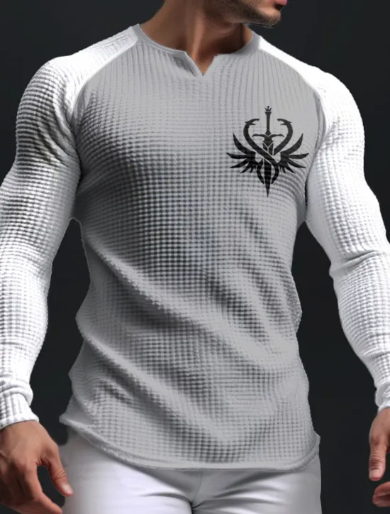 OUKU Men's Graphic Color Block Weapon Waffle Shirt T Shirt Raglan T Shirt Long Sleeve T shirt 3D Print V Neck Shirt Daily Classic Casual Sports Outdoor Holiday Going out Black White Light Grey Spring