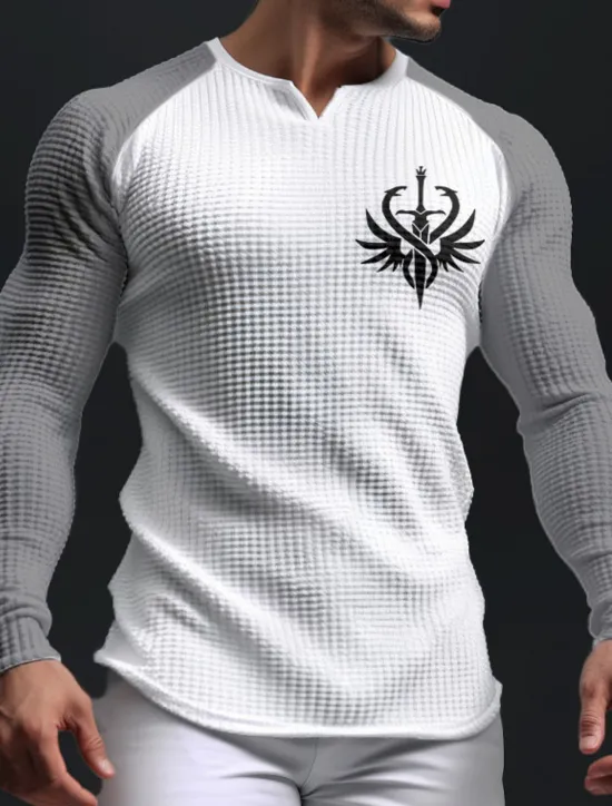 OUKU Men's Graphic Color Block Weapon Waffle Shirt T Shirt Raglan T Shirt Long Sleeve T shirt 3D Print V Neck Shirt Daily Classic Casual Sports Outdoor Holiday Going out Black White Light Grey Spring