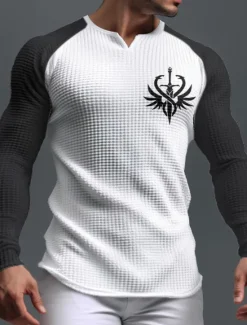 OUKU Men's Graphic Color Block Weapon Waffle Shirt T Shirt Raglan T Shirt Long Sleeve T shirt 3D Print V Neck Shirt Daily Classic Casual Sports Outdoor Holiday Going out Black White Light Grey Spring