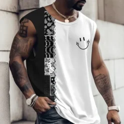 Online OUKU Men's Graphic Color Block Vest Top Sleeveless T Shirt for Men Cap Sleeve T shirt 3D Print Crew Neck Shirt Fashion Designer Muscle Daily Sports Gym White Navy Blue Red Spring & Summer Clothing Apparel