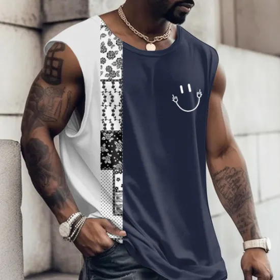 Online OUKU Men's Graphic Color Block Vest Top Sleeveless T Shirt for Men Cap Sleeve T shirt 3D Print Crew Neck Shirt Fashion Designer Muscle Daily Sports Gym White Navy Blue Red Spring & Summer Clothing Apparel