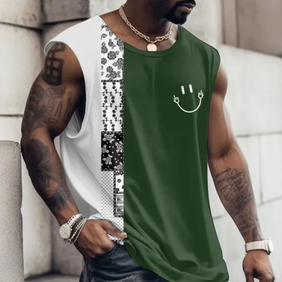 Online OUKU Men's Graphic Color Block Vest Top Sleeveless T Shirt for Men Cap Sleeve T shirt 3D Print Crew Neck Shirt Fashion Designer Muscle Daily Sports Gym White Navy Blue Red Spring & Summer Clothing Apparel