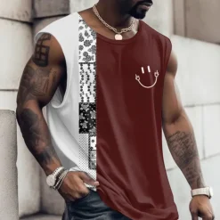Online OUKU Men's Graphic Color Block Vest Top Sleeveless T Shirt for Men Cap Sleeve T shirt 3D Print Crew Neck Shirt Fashion Designer Muscle Daily Sports Gym White Navy Blue Red Spring & Summer Clothing Apparel