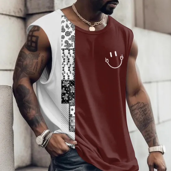 Online OUKU Men's Graphic Color Block Vest Top Sleeveless T Shirt for Men Cap Sleeve T shirt 3D Print Crew Neck Shirt Fashion Designer Muscle Daily Sports Gym White Navy Blue Red Spring & Summer Clothing Apparel