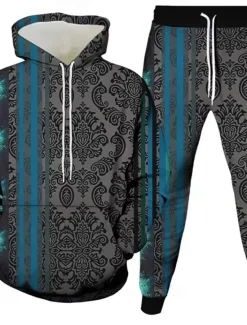 Discount OUKU Men's Graphic Color Block Striped 2pcs 3D Sweatshirt Sets Tracksuit Hoodie Sweatshirt Long Sleeve Long pants Hooded Casual Daily Modern Athleisure 3D Print Spring Fall Winter Grey Blue Red